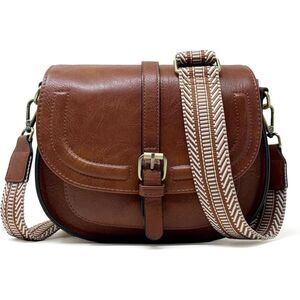 Women Brown Guitar Strap Imported Vegan Leather Small Saddle Crossbody Bags